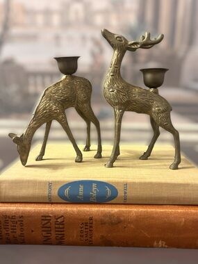 Set of 2 vintage brass deer candle holders mid century